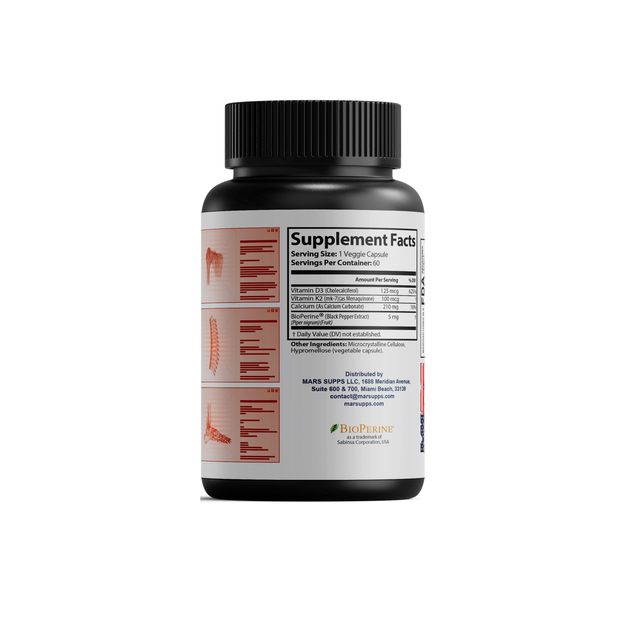 Mars Supps Vitamin K2 + D3 capsules, angled view