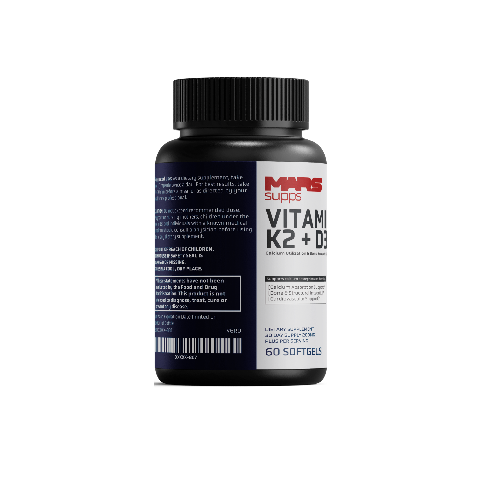 Mars Supps Vitamin K2 + D3 capsules, detail view