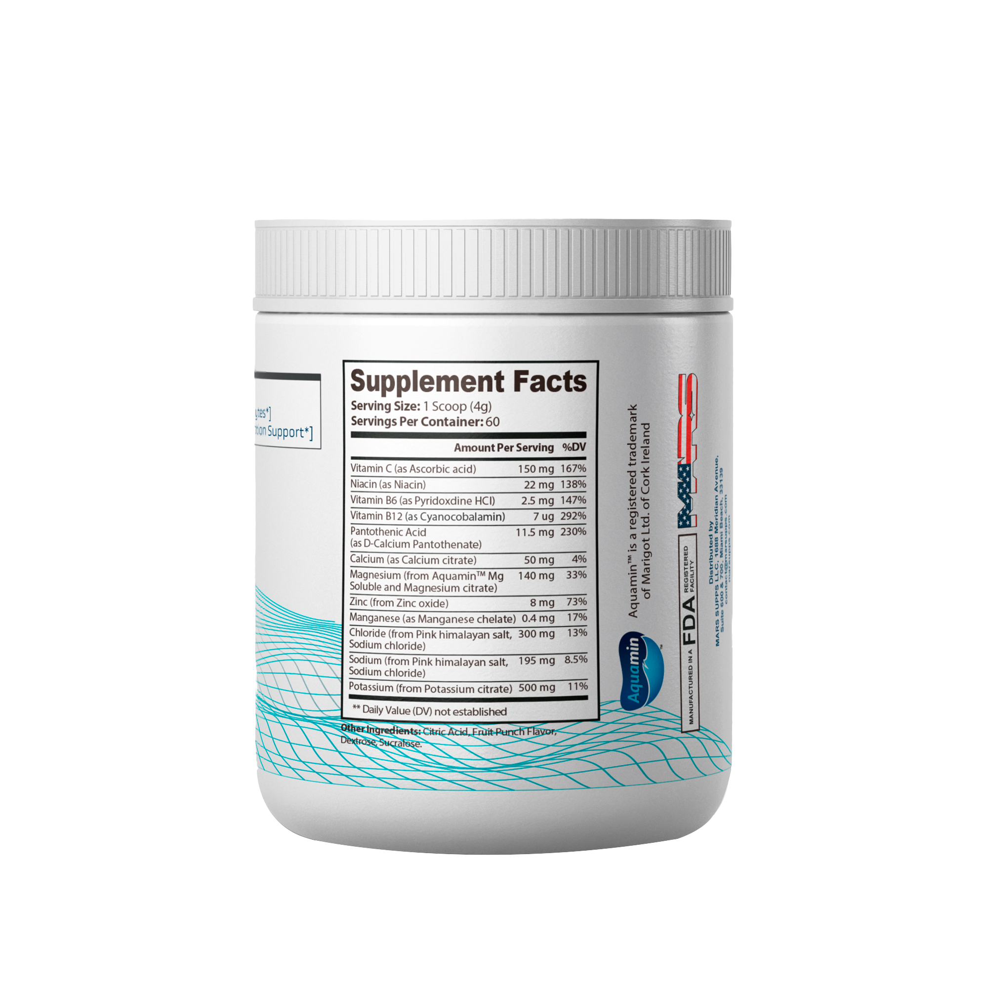 Hydros electrolyte hydration container, side view