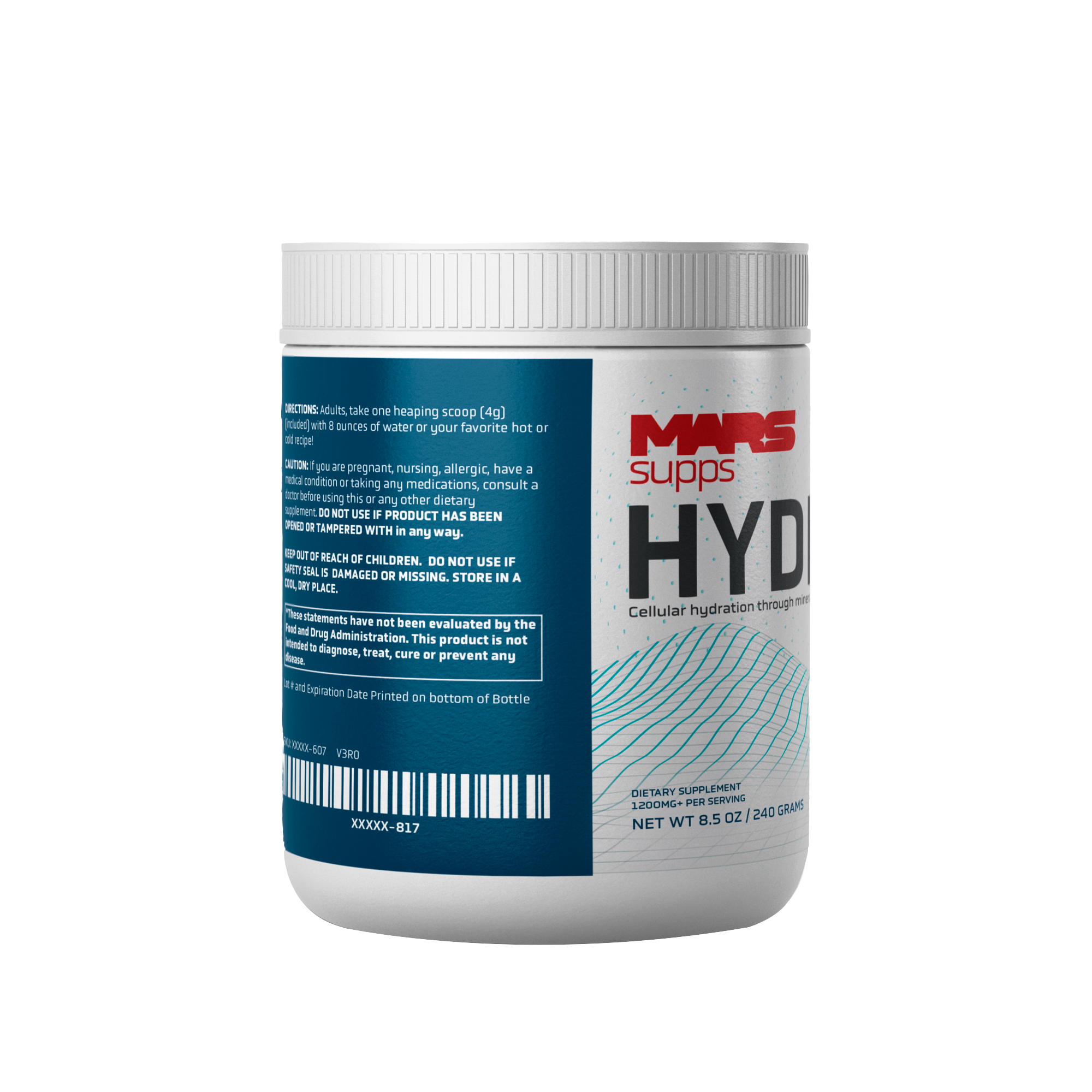 Hydros electrolyte hydration container, back label view